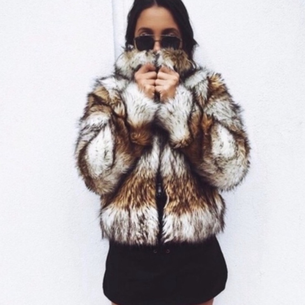 One Way Brown Tan Black Faux Fur Y2K Vintage‎ Inspired Zip Front Jacket NWOT 6